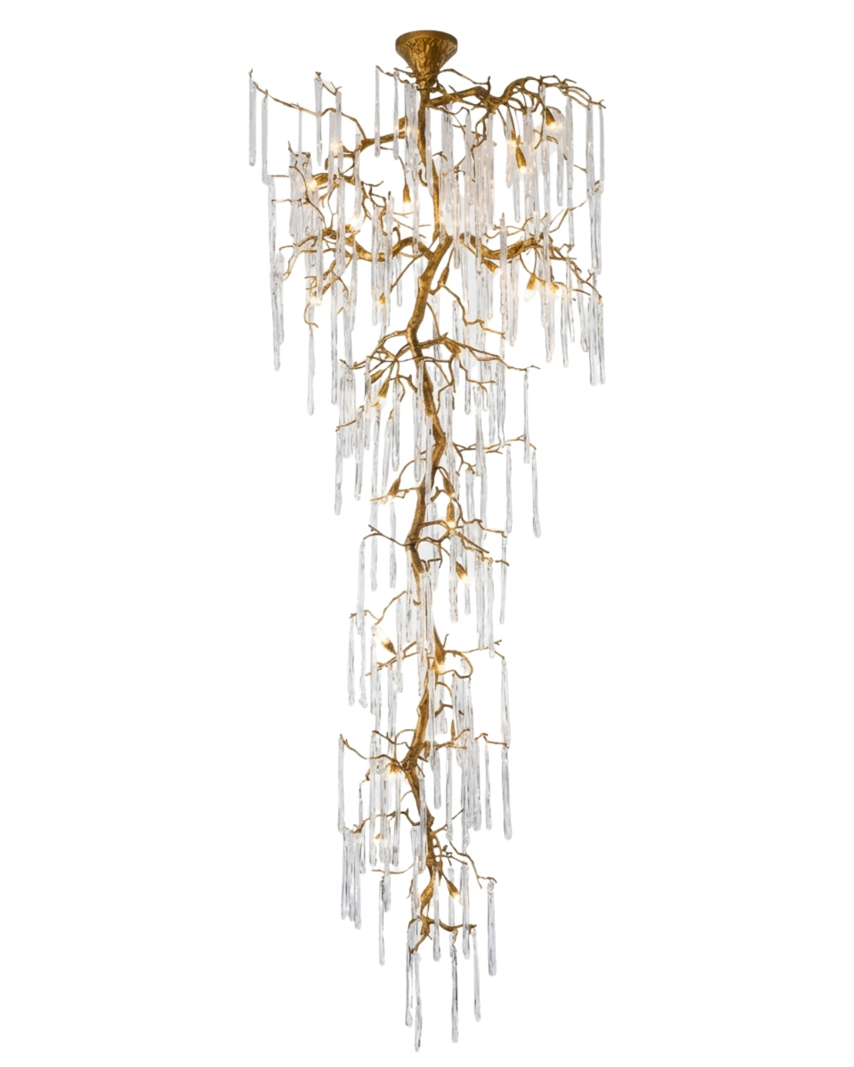 Vriksha Jyoti inspired by weeping willow Decorative chandelier with gold branches and clear hanging elements on a white background