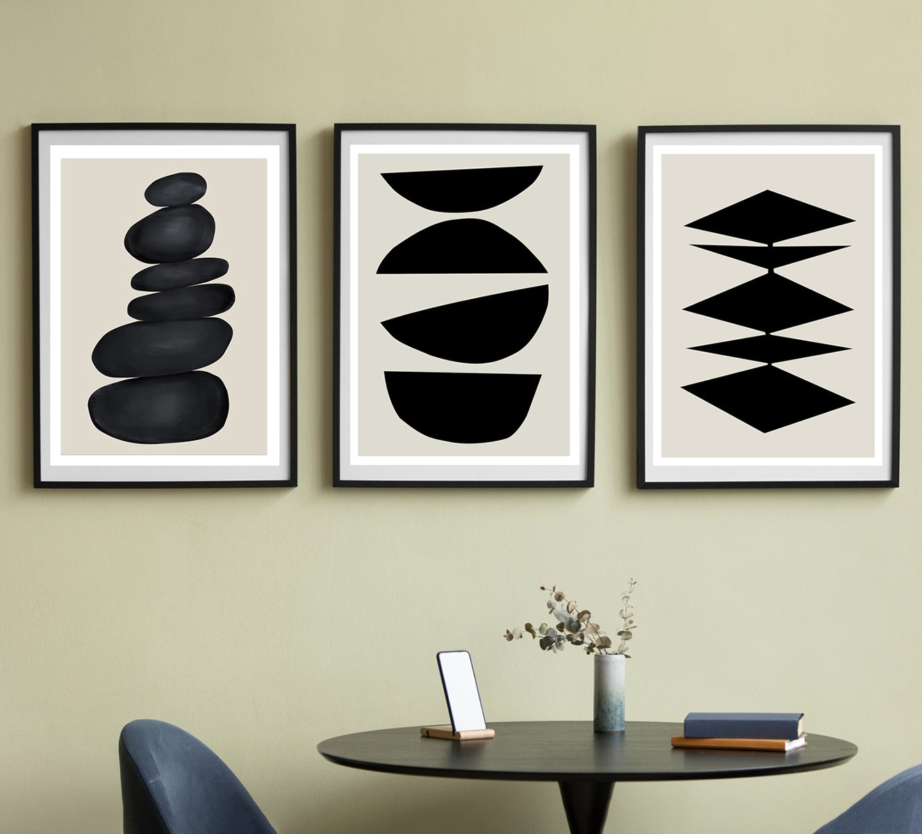 Set of three black and white abstract geometric canvas prints with minimalist designs, ideal for modern and Scandinavian home decor.