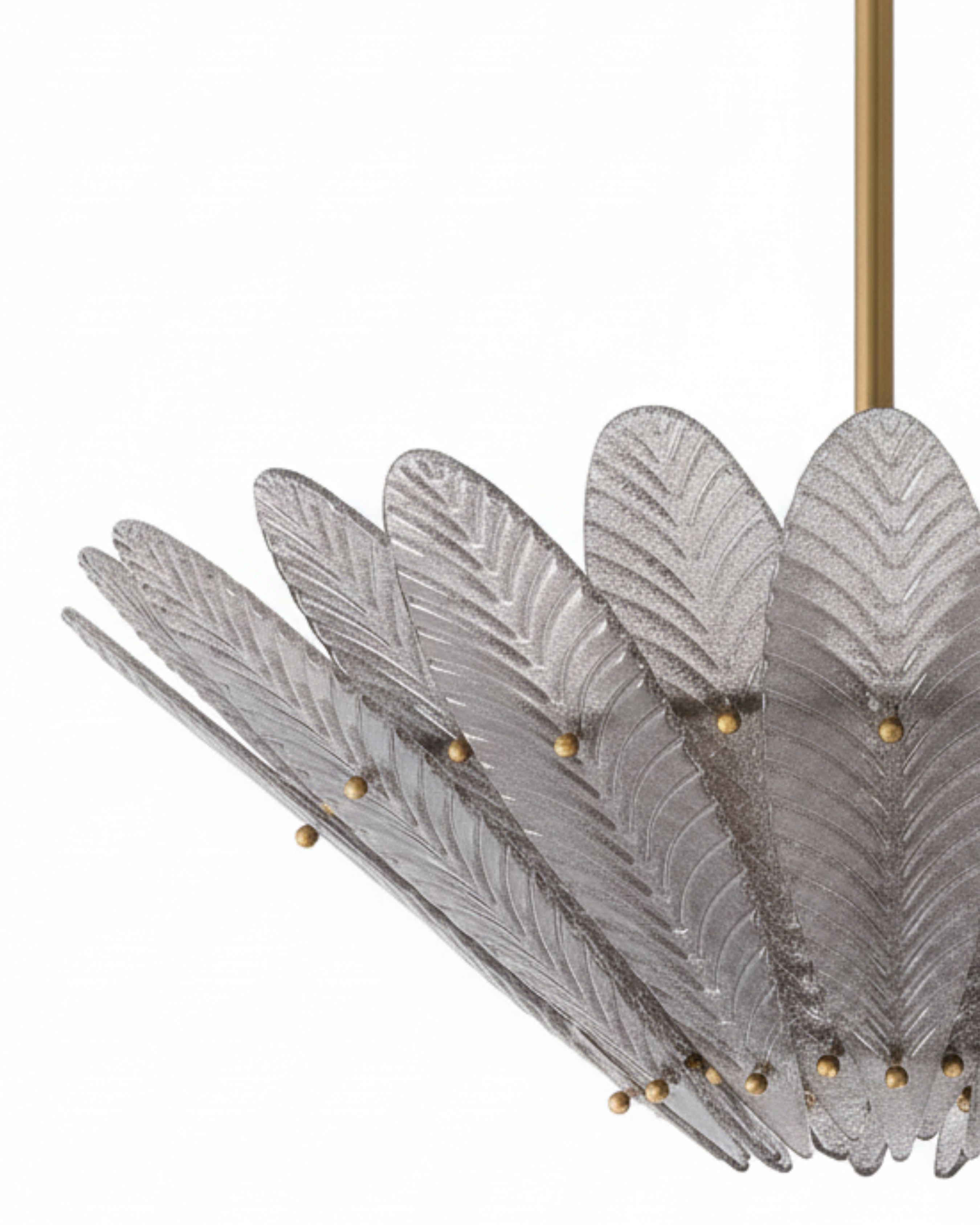 Decorative ceiling light fixture with feather-like design on a white background