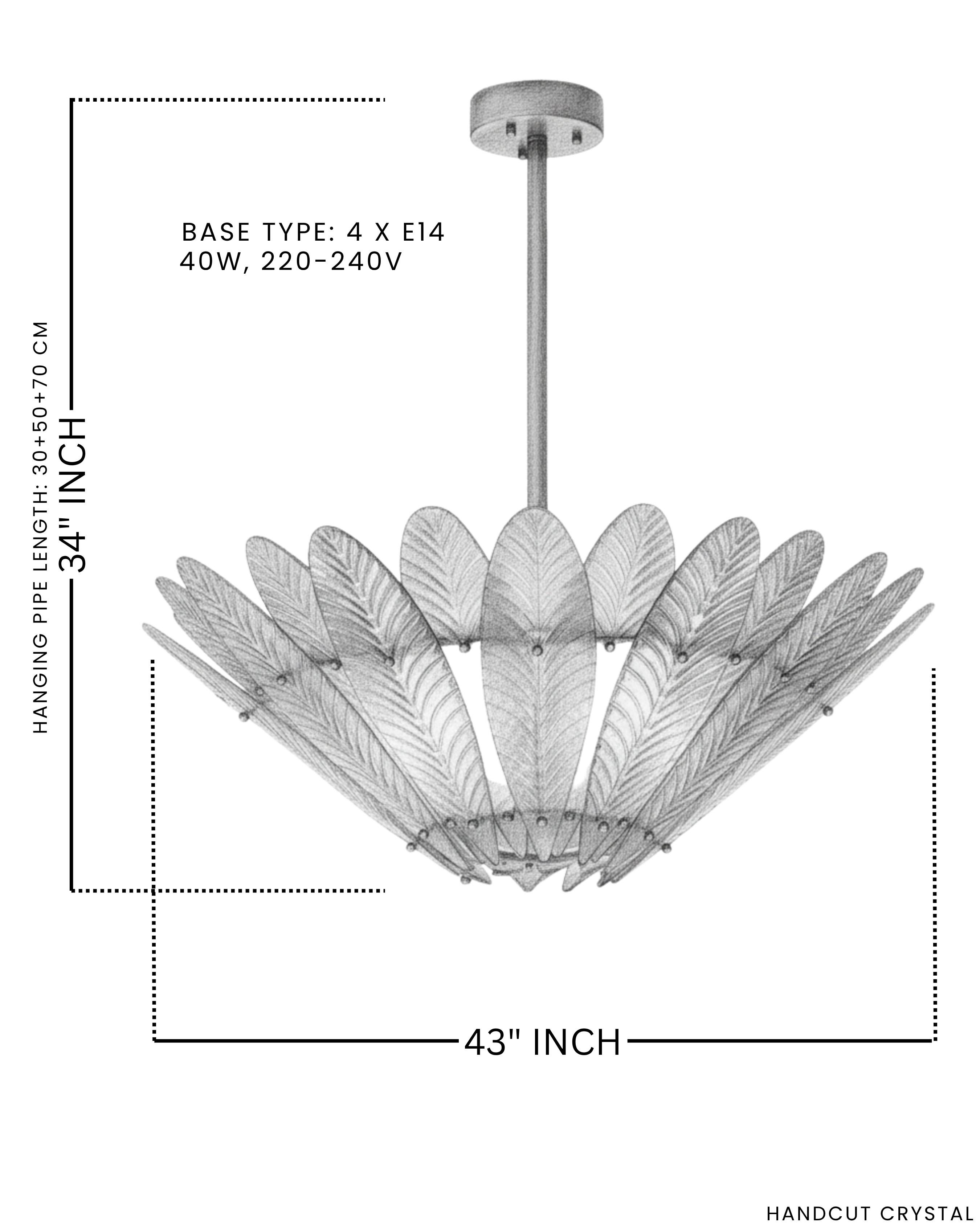 Chandelier with dimensions and specifications on a white background
